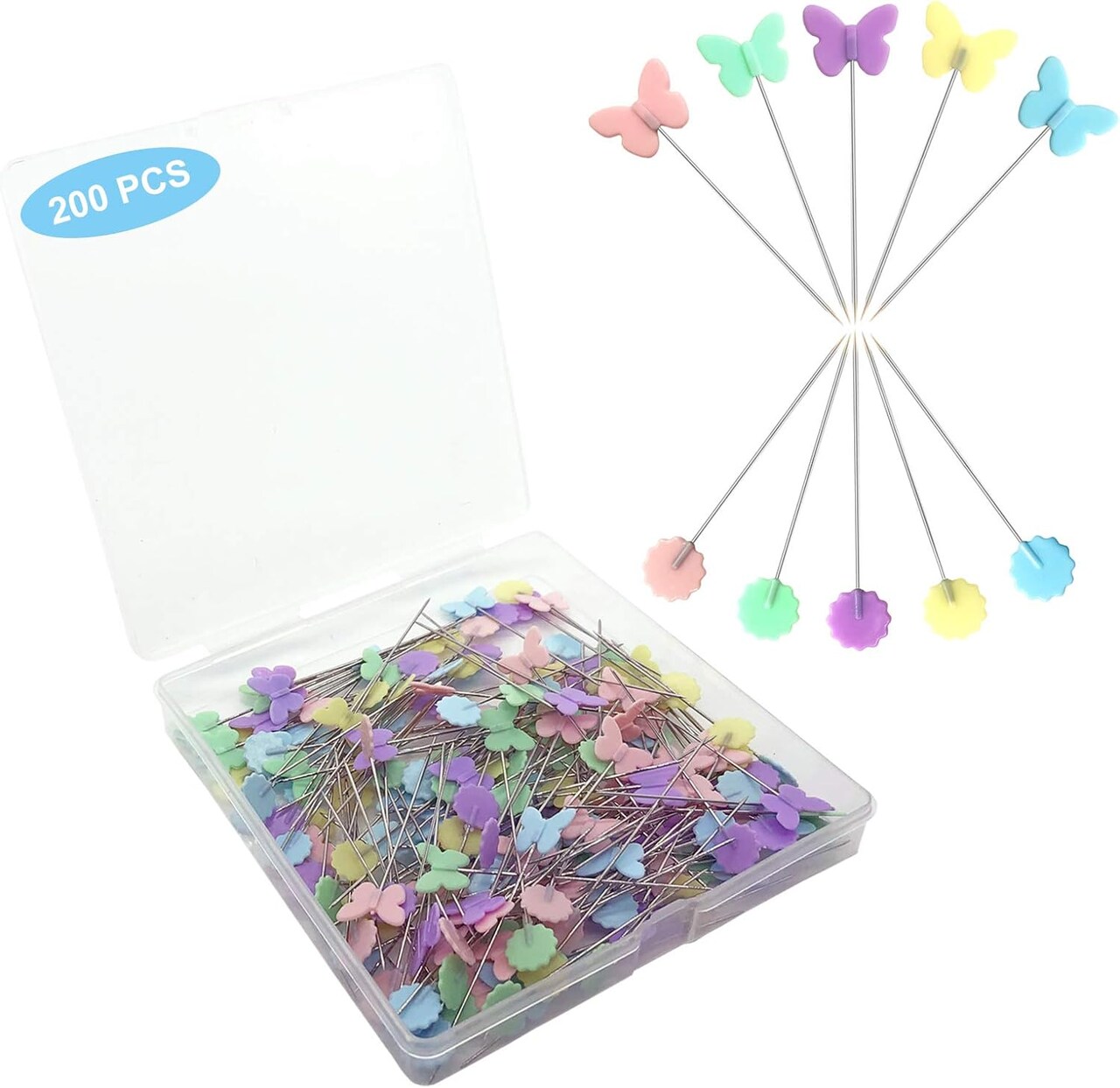 200pcs Sewing Pins Flat Head Straight Pins with Butterfly (Butterfly and Flower)